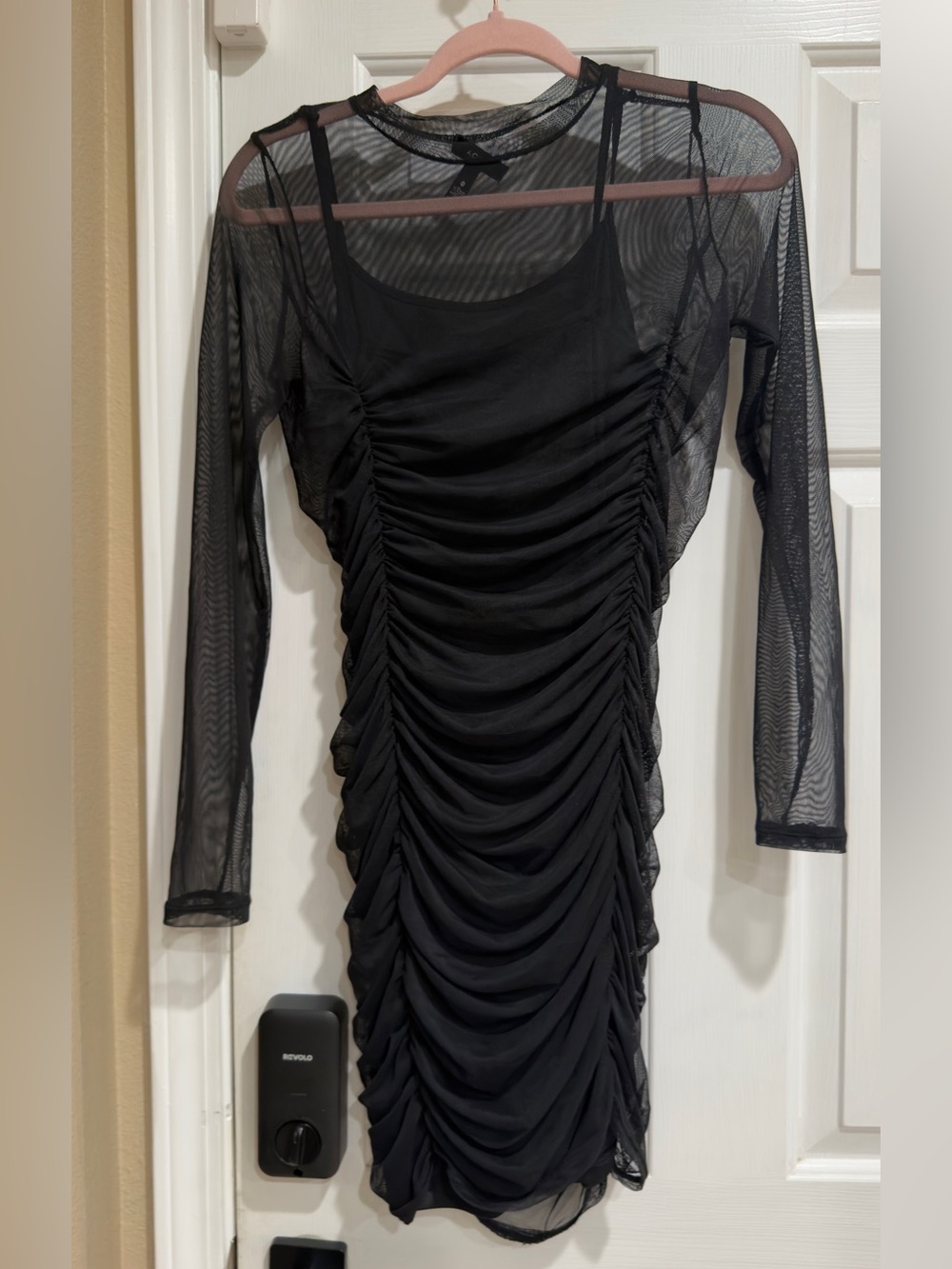 Aqua Black Ruched Mesh Long-Sleeve Dress